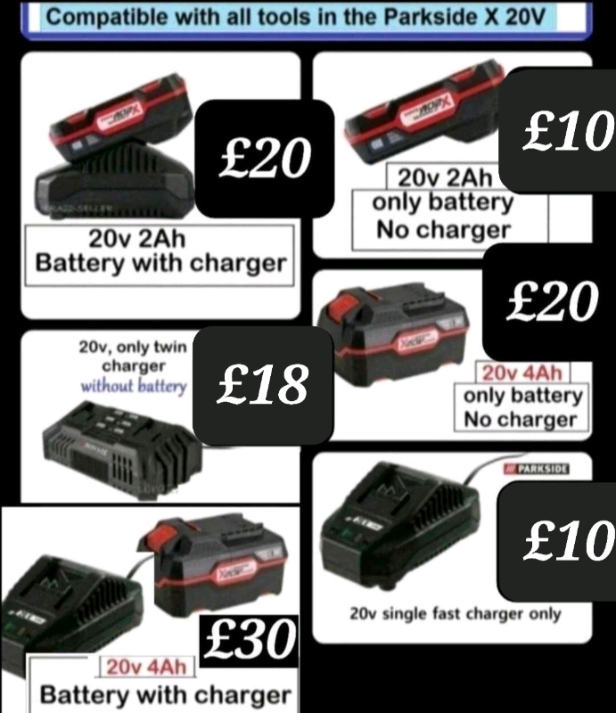 Parkside 4.5A Charger 4ah battery 2ah battery brand new X20v team, in  Newham, London