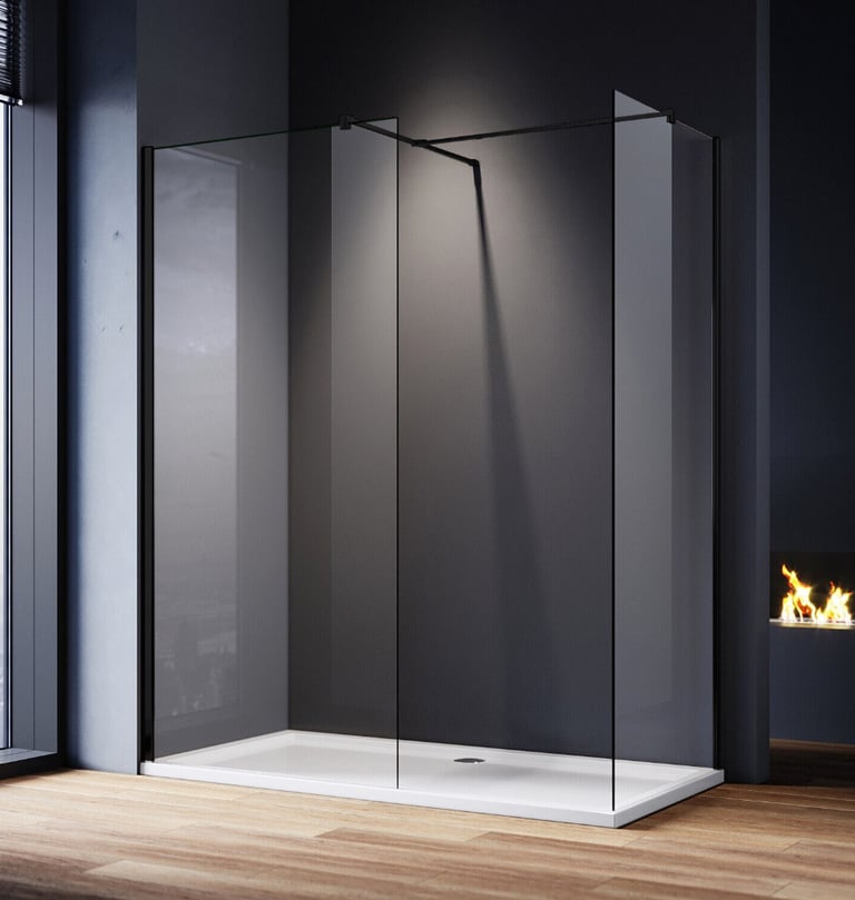 image for New Clear 8mm Walk In Shower Enclosure + Black Fittings 760 x 760mm RRP £335 Our Price £300