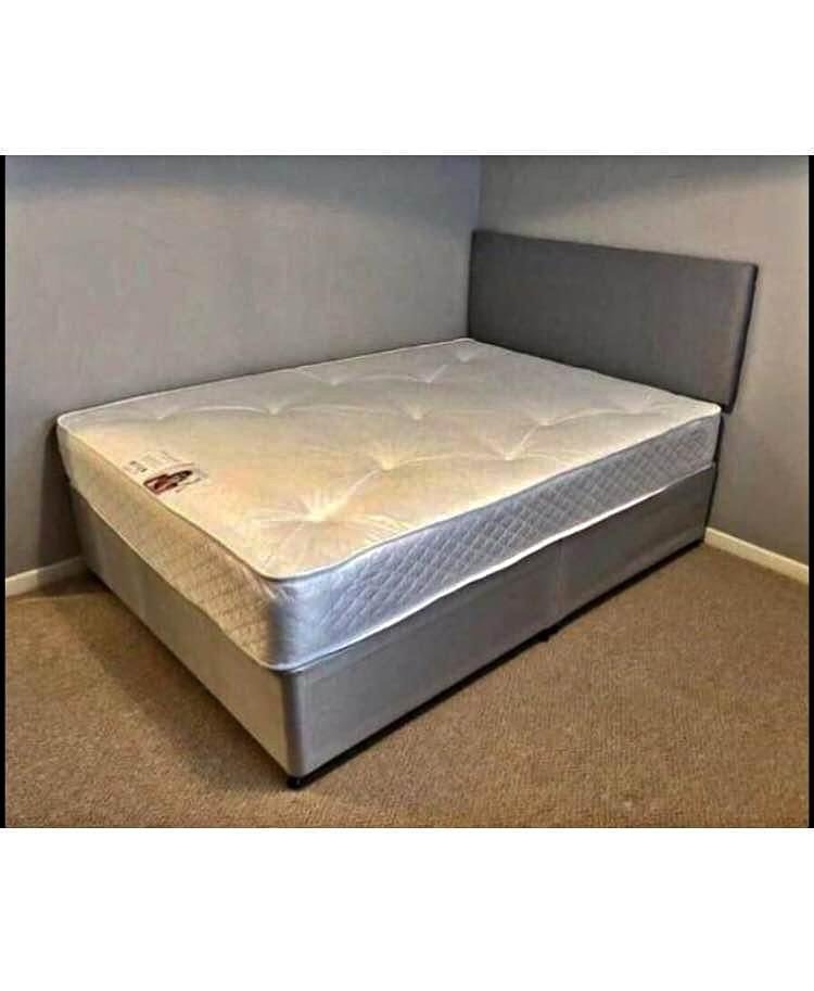 DIVAN BED FOR SALE WITH BASE HEADBOARD AND MATTRESS >PLAIN FABRIC HIGH