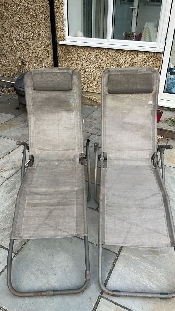 image for Pair of Comfy Reclining and Foldable Grey Sunlounger / Garden Loungers RRP £240