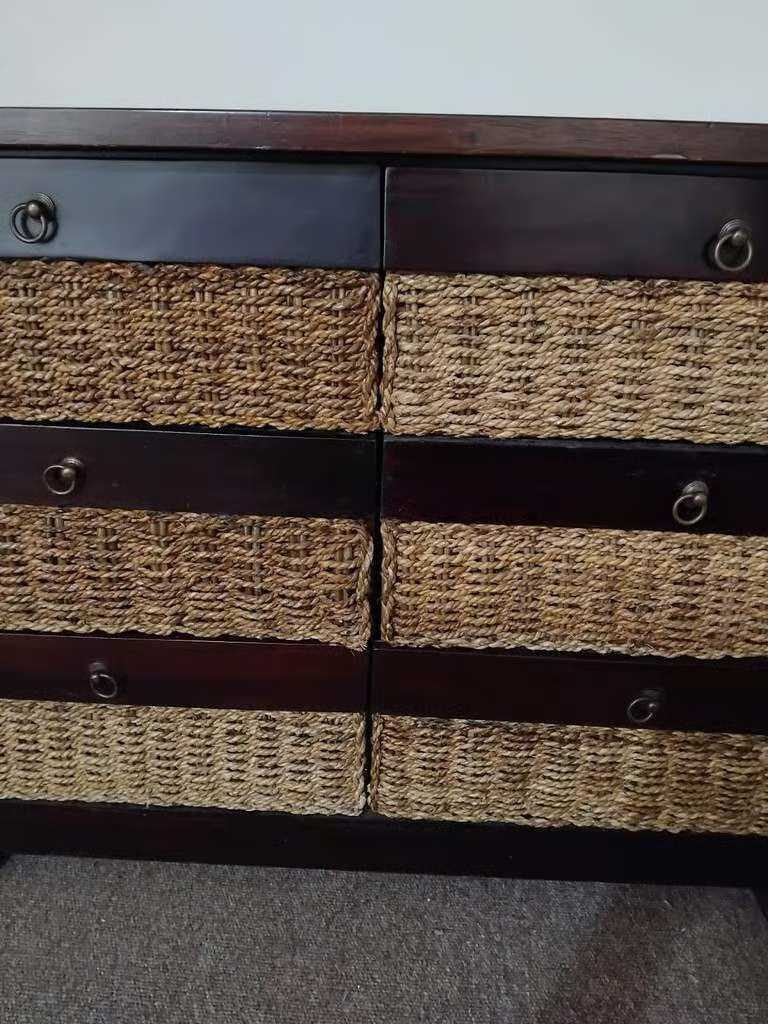 Excellent Quality and Great Condition Heavy Dark Wood and Wicker Chest of Drawers With 6 Drawers