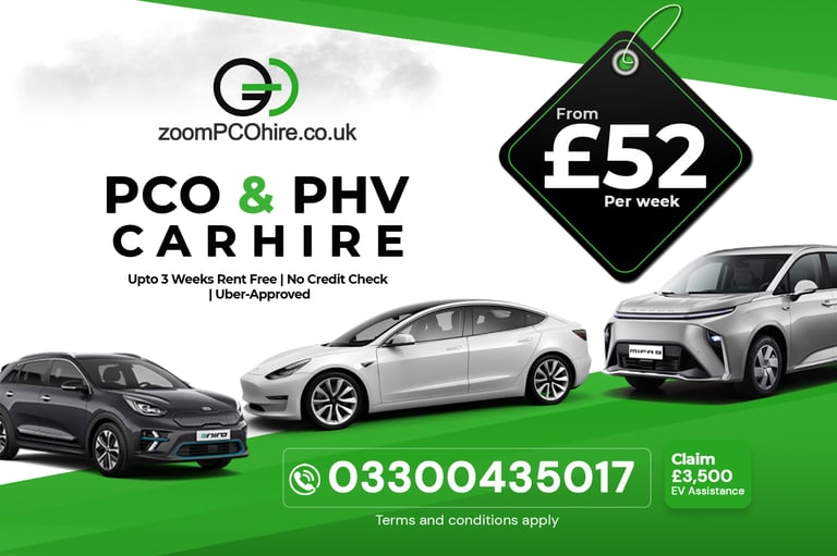 1 Week Free PCO Hire | Rent 2 Buy Options | No Credit Check PCO Car Hire | Tesla Model 3, MG5