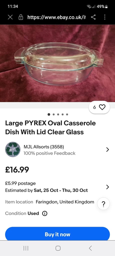 Large Pyrex Oval Glass Casserole Dish 