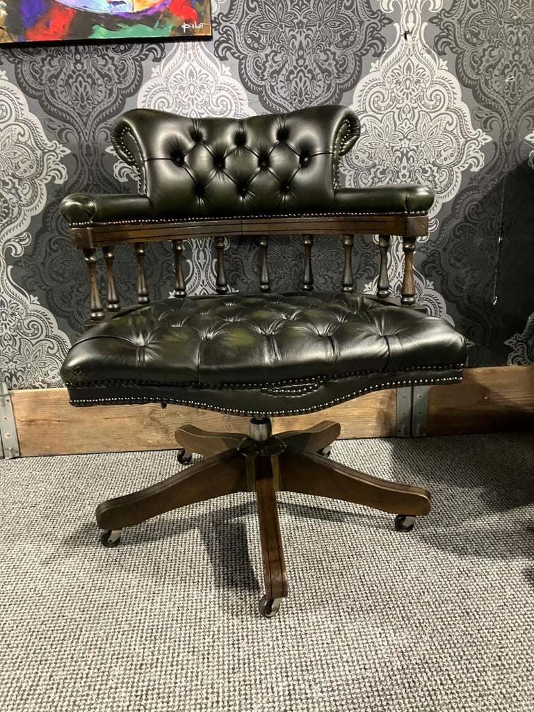 Refurbished Chesterfield Antique Green Leather Captains Desk Chair Swivel and Tilt - Delivery