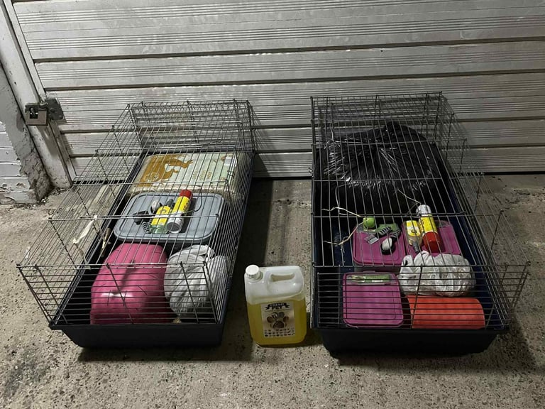  2 x Guinea Pig / Rabbit Cages w/ Bedding, Feed & Accessories