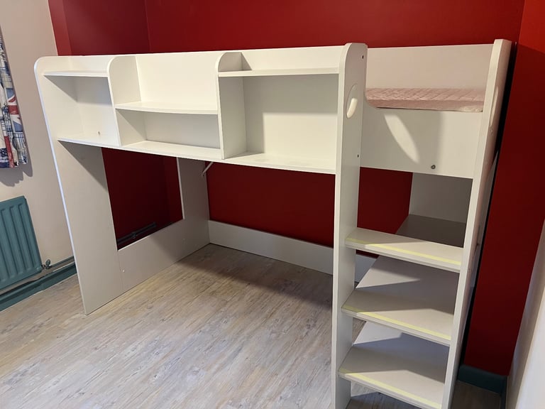 image for Den bed, full sized single, integrated shelves & assembly instructions  