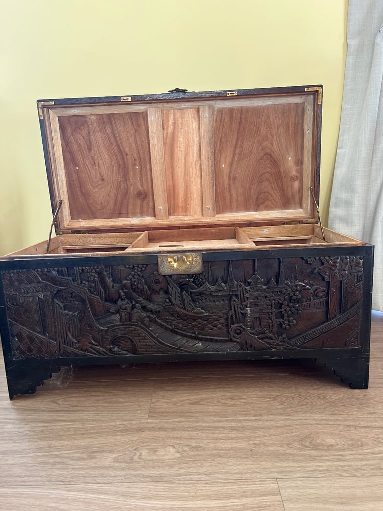 Carved Chinese camphor wood chest