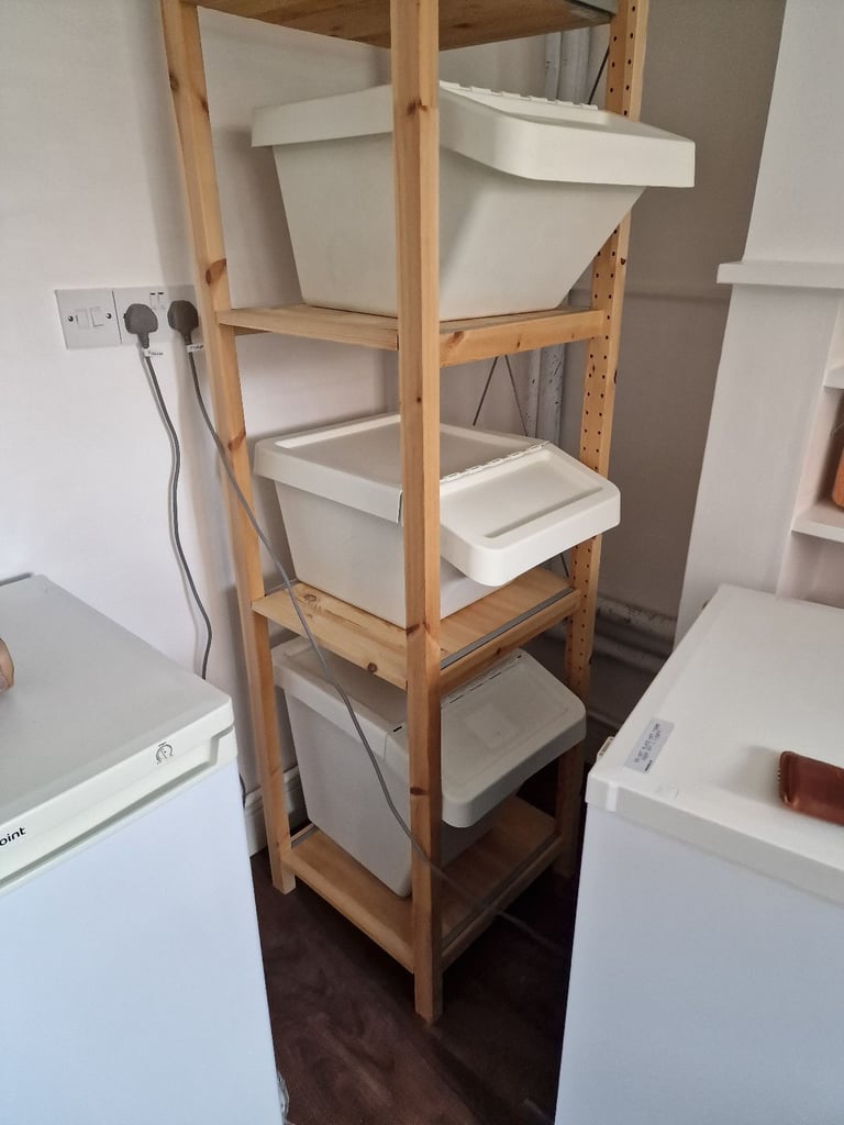 IVAR Shelving unit by IKEA, pine, 49cm x 50 cm x 2.27m tall, with 3 Sortera storage boxs