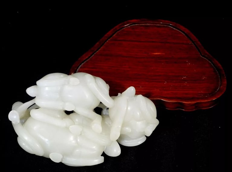 Antique Large & Heavy Chinese Hetain White/G Jade Carved Group "3 Rams" 19th C