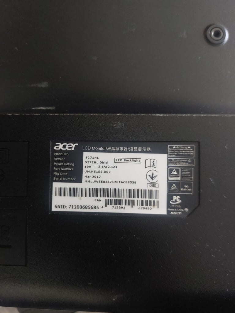 Acer  S S271HL bid 27"  Widescreen LED LCD Monitor