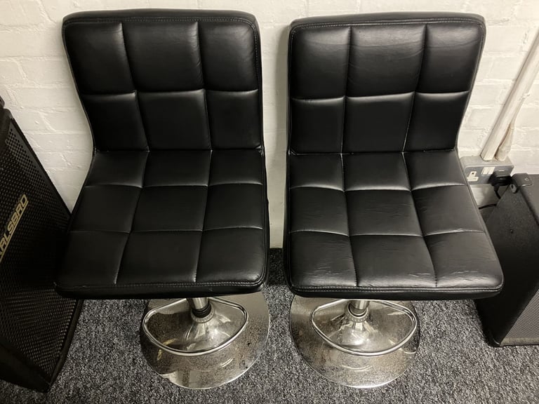 image for Pair of Vintage Designer Black Faux Leather Chrome Base Bar Stools