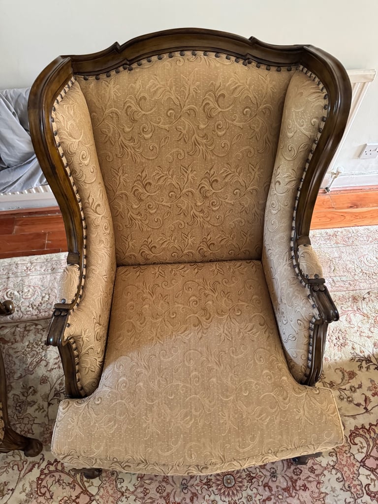 Antique Style Wingback Armchair - Carved Wood Frame & Jacquard Fabric