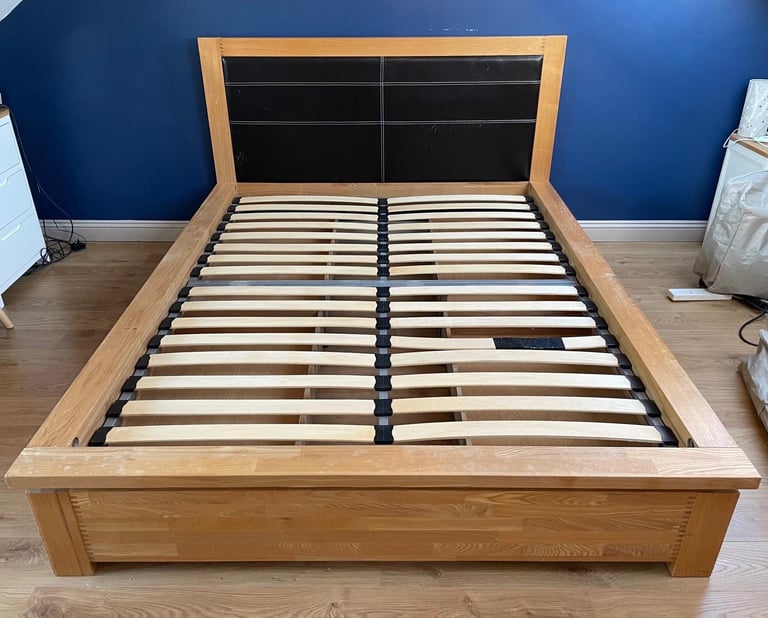image for Oak King Size Wooden bed frame with four underbed wheeled drawers 