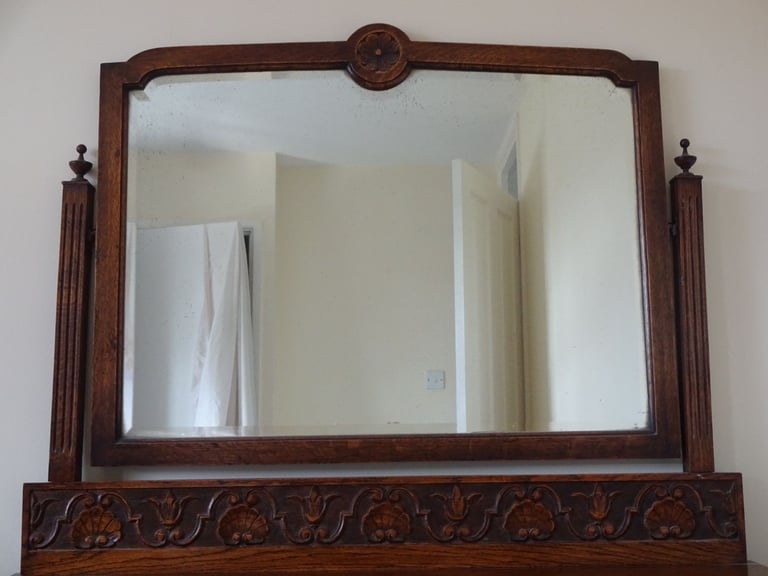 ANTIQUE OAK DRESSING TABLE & CARVED UPSTAND WITH REMOVEABLE MIRROR