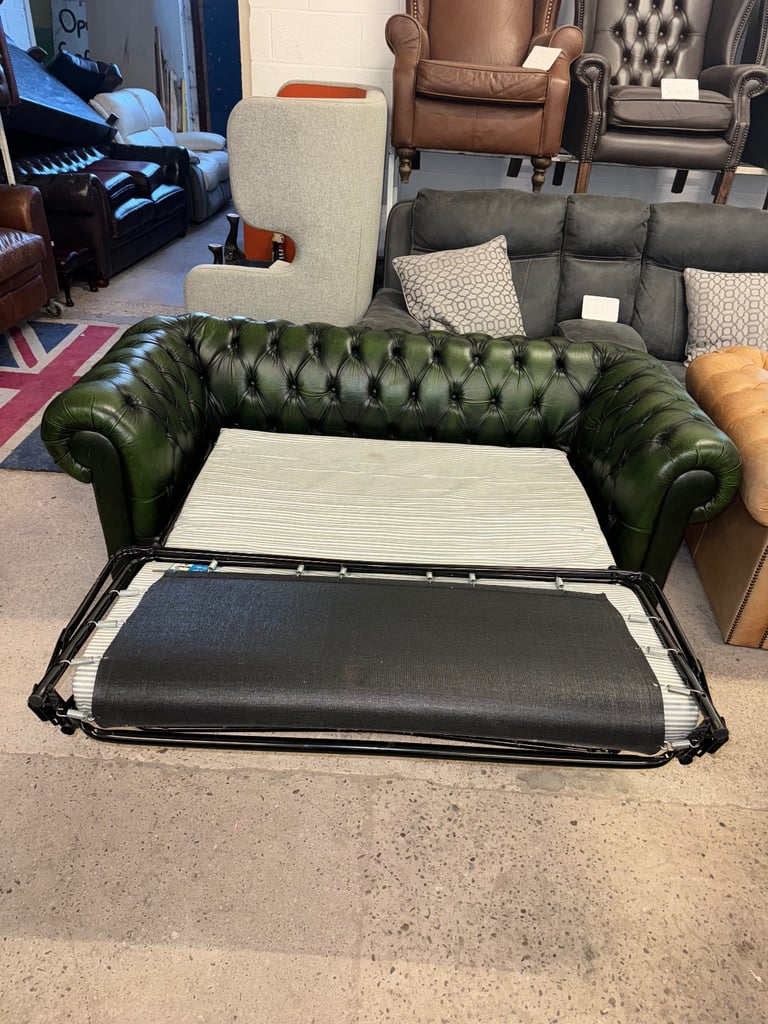 Chesterfield green real leather two seater sofa bed