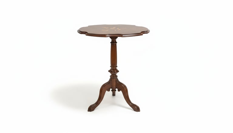 image for Antique Solid Wood Marquetry Side Table — Floral Inlay, Tripod Base, 19th–Early 20th Century