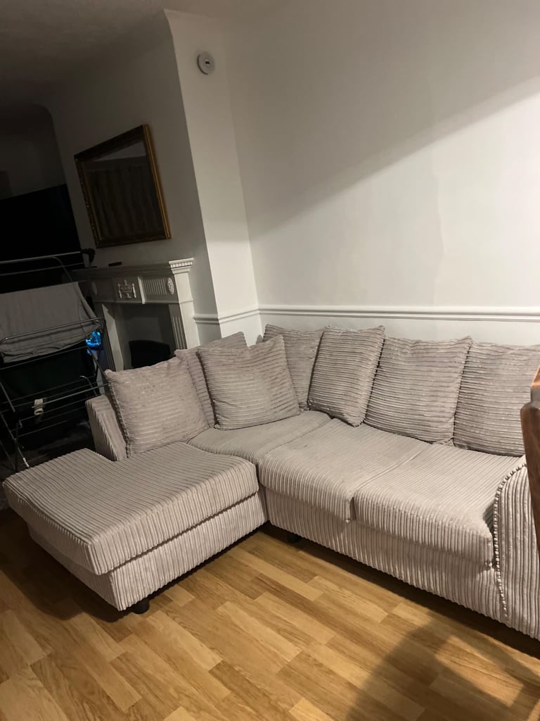 image for Grey Cord Fabric Corner Sofa – Excellent Condition