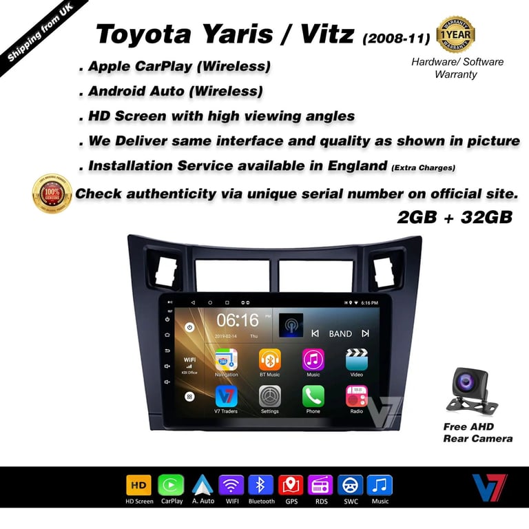 Yaris 2008-11 CARPLAY Android Auto HD Screen Head Unit GPS Stereo LCD Panel V7
