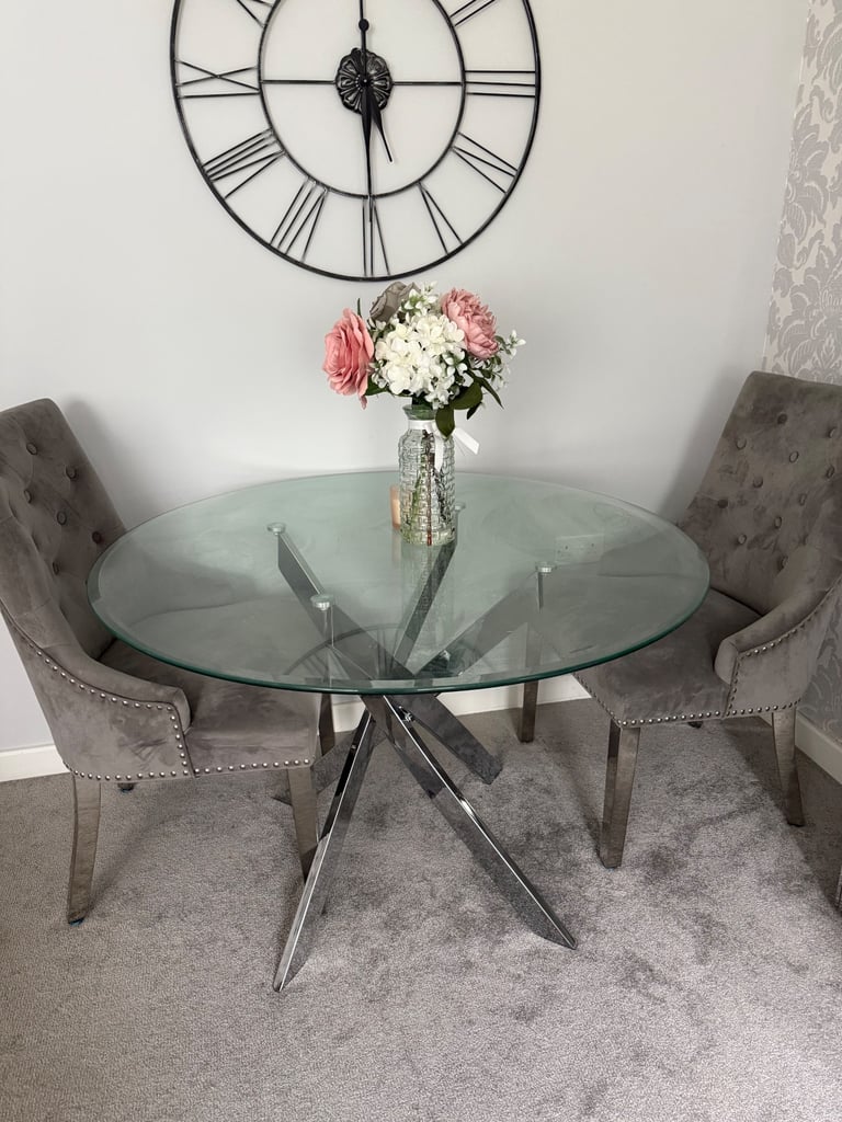 Glass Table & 2 Grey Velvet Knocker Chairs 
