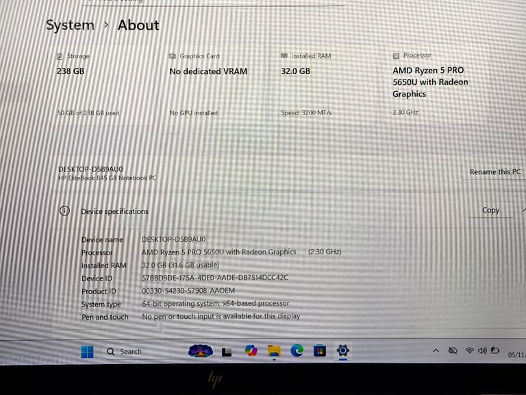 HP EliteBook 845 G8 AMD Ryzen 5 Pro 5650U 32GB Ram 256GB FHD Windows 11 Laptop