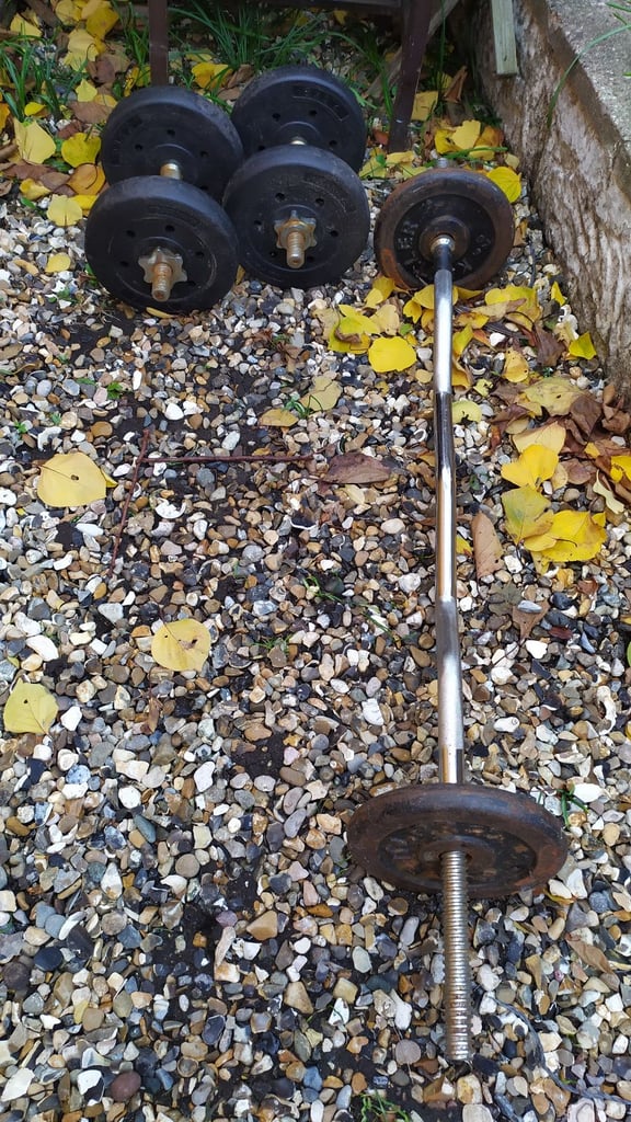 image for Gym bench, a pair of dumbells, a barbell and some weights