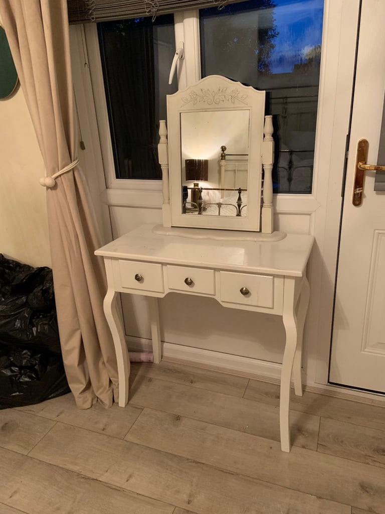 Cream Wooden Dressing Table with Mirror & Stool