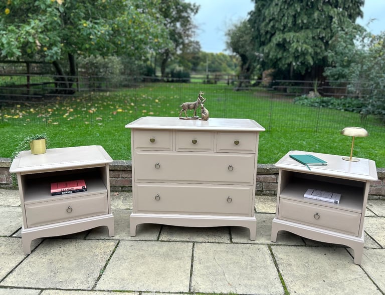 Upcycled Stag Minstrel chest of drawers and bedside cabinet set