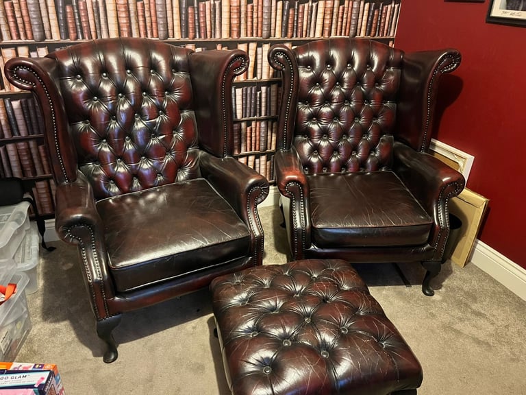image for 2x chesterfield arm chairs and matching foot stool