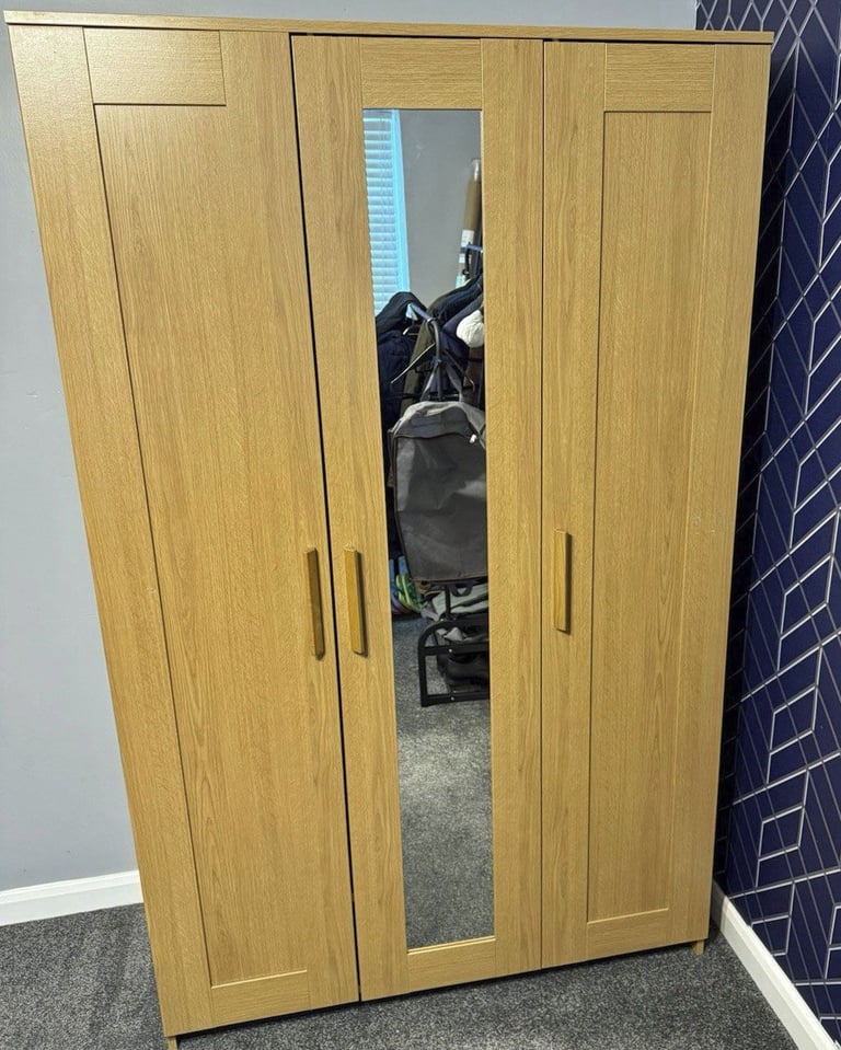 IKEA Brimnes 3-Door Mirrored Wardrobe in Oak Effect