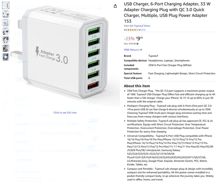 image for 6-Port Charging Adapter, 33 W Adapter Charging Plug with QC 3.0 || Brand new 40% off price 