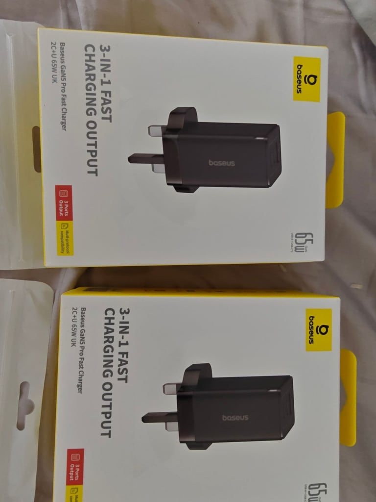 💥 Baseus 65W GaN5 Fast Charger QC4.0 PD AFC Adapters x 2 & extra usb c cables x 2 Brand New Sealed 