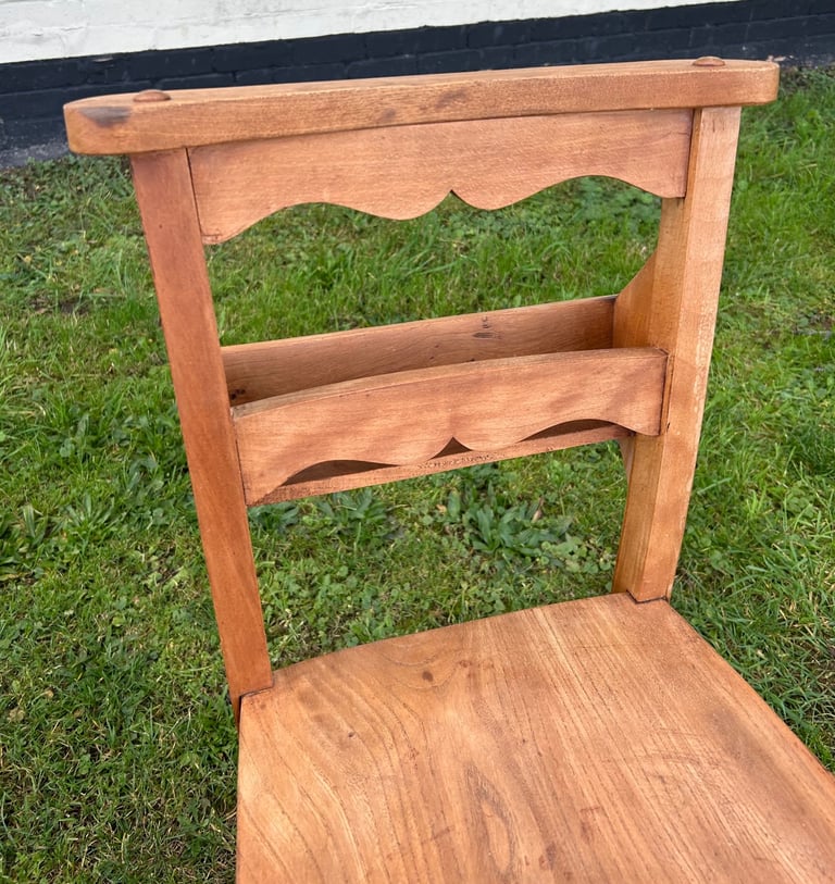 Pair of antique chapel church chairs vintage industrial retro kitchen oak dining old wooden wedding