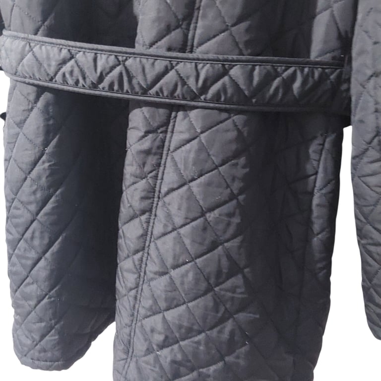 Black Quilted Trench Coat With Belt And Double Breasted Button Closure Size 14