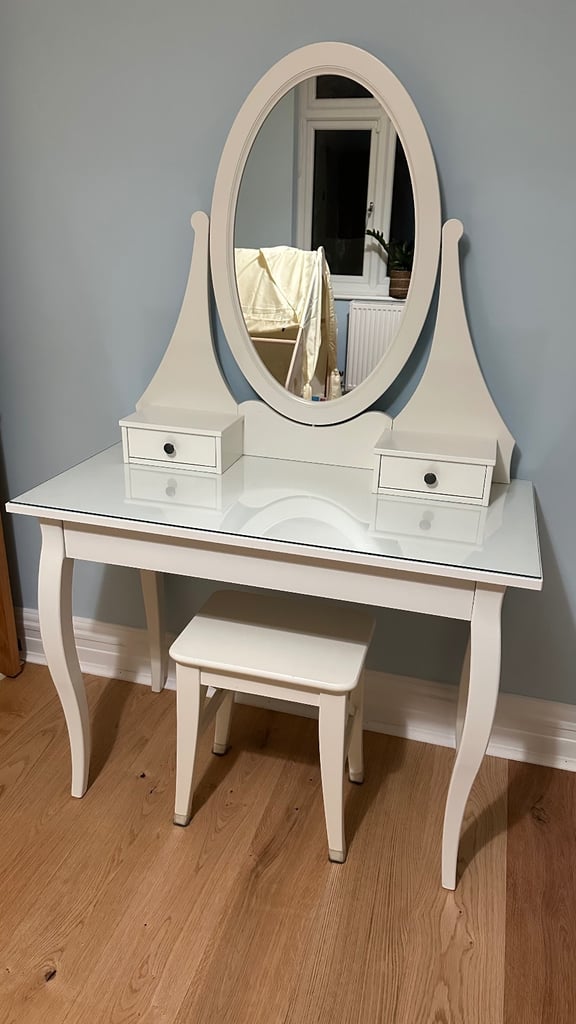 IKEA HEMNES dressing table with oval mirror and glass top