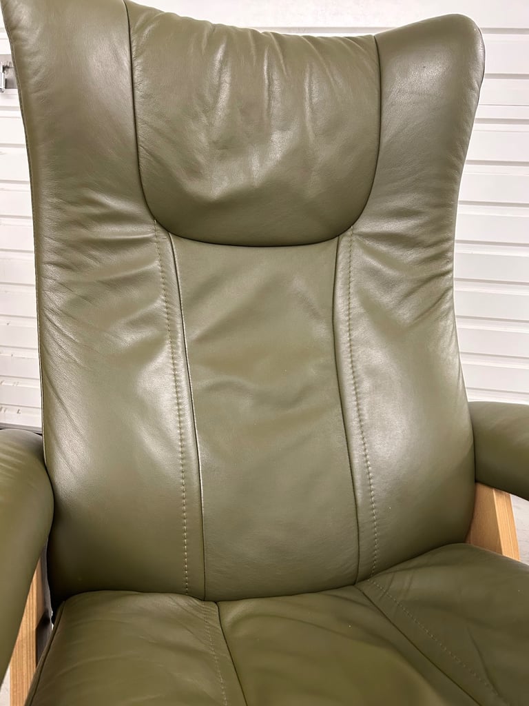 Ekornes Stressless Medium Signature Wing Dark Olive Leather Chairs & Footstool