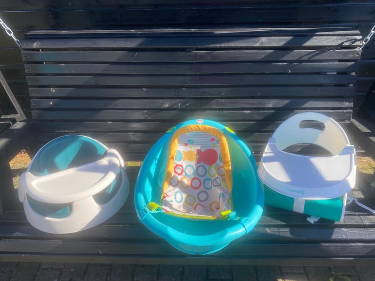 Fisher Price baby bath with support sling, bumbo chair &  portable high chair 