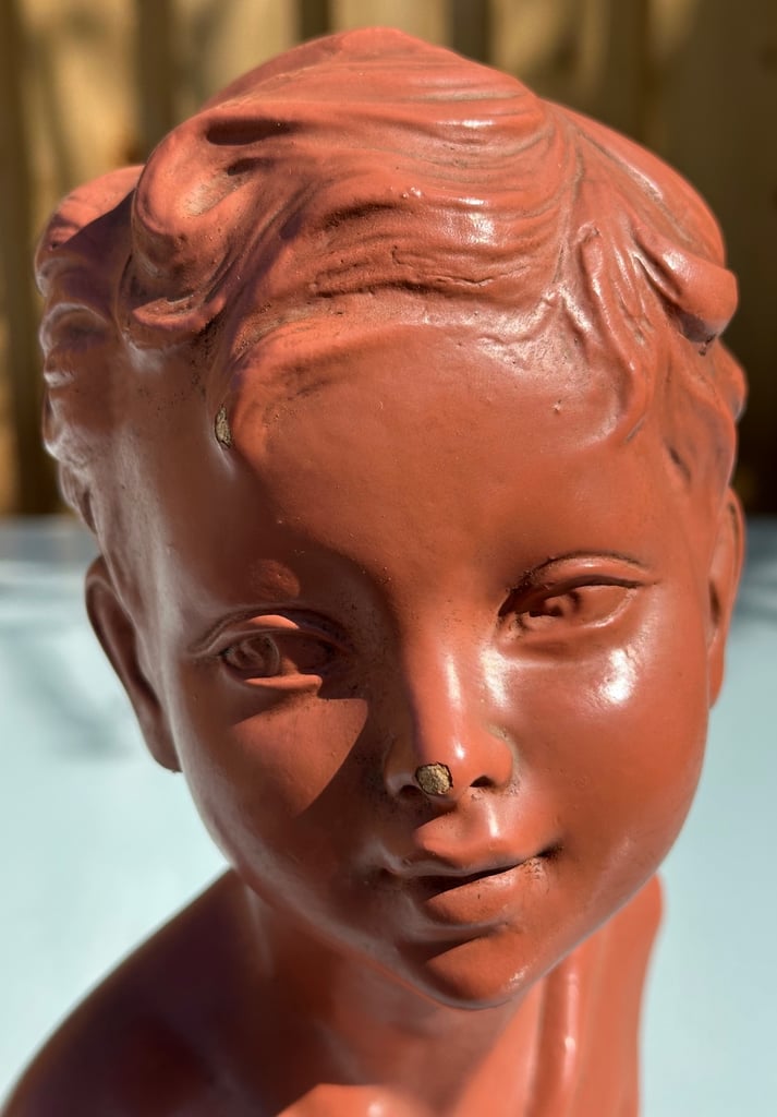 ANTIQUE FRENCH PLASTER BUST OF A YOUNG BOY, PAINTED CHALKWARE STATUE, 27cm tall - 1900s - WILL POST!