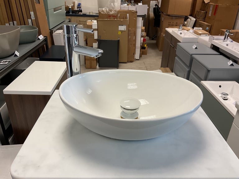 Roper Rhodes Anthracite wall hung vanity 600, Carrara marble like counter, basin, mixer & waste