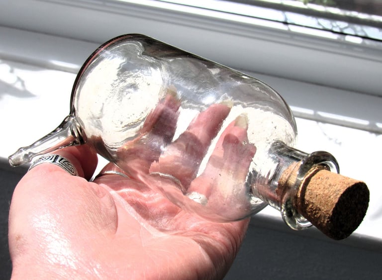 image for Antique Glass Chemistry Bottle With Spout and Handmade Cork - Vintage Laboratory