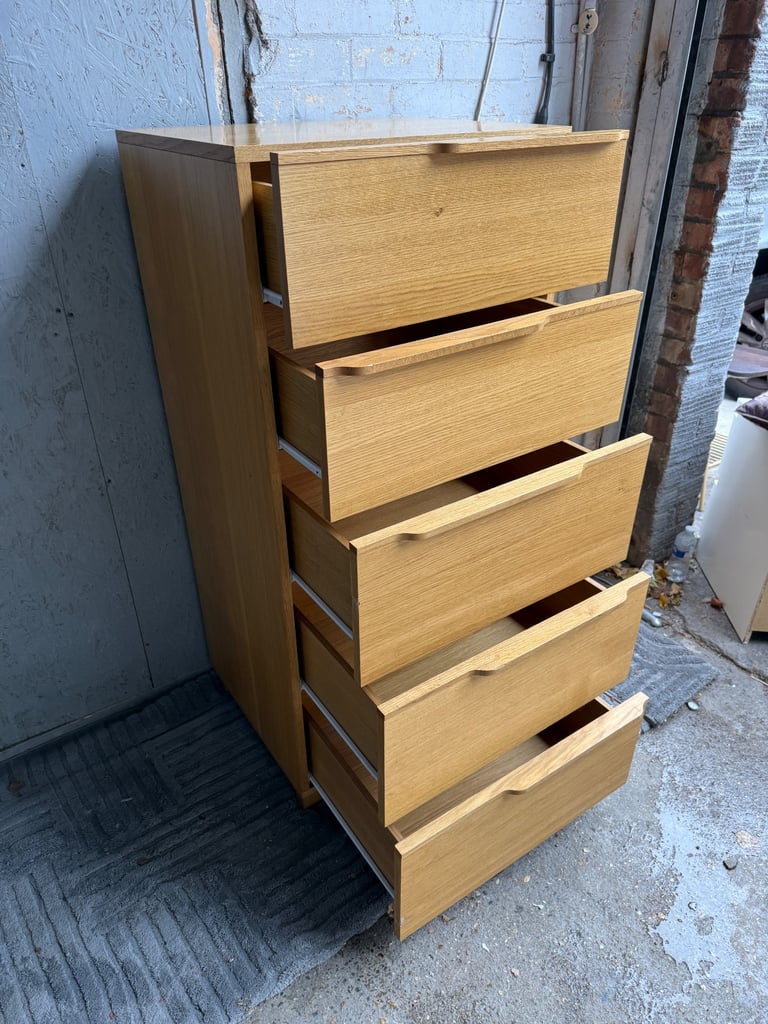 FREE DELIVERY HABITAT SOLID OAK TALLBOY CHEST OF 5 DRAWERS GOOD CONDITION
