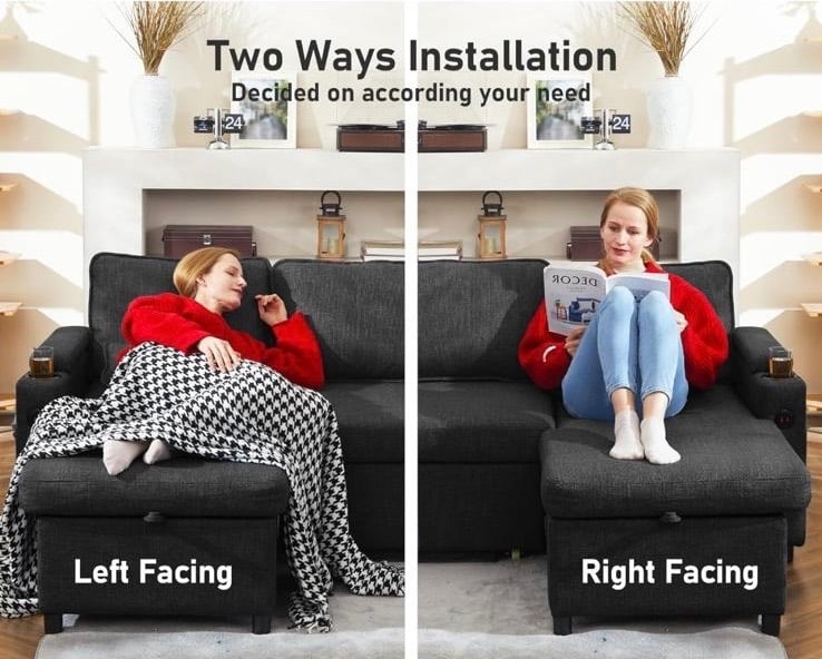 All-in-One Sofa Bed with USB, Cupholders, Ottoman & Storage Armrests.