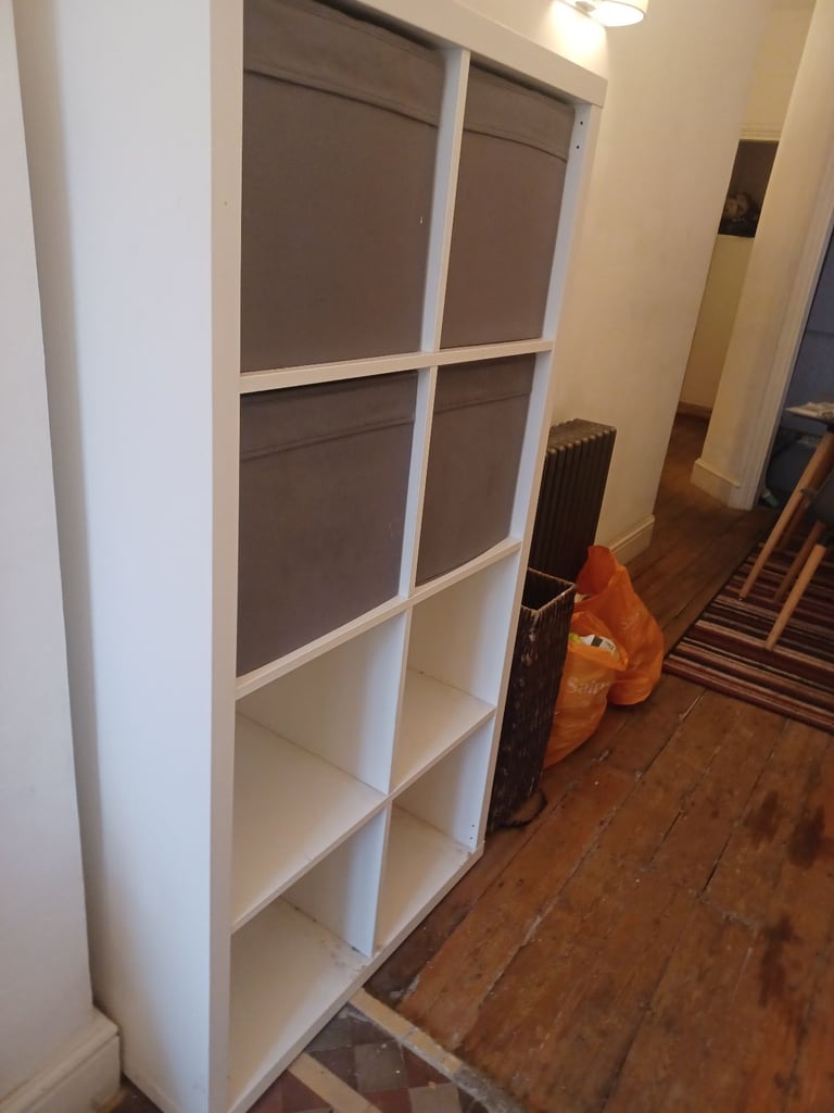 IKEA white 3 x 2 storage unit, with boxes 