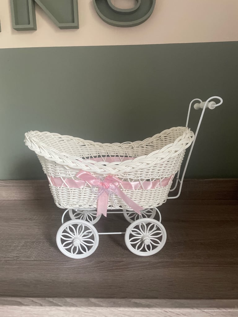image for Vintage-Style White Wicker Doll Pram