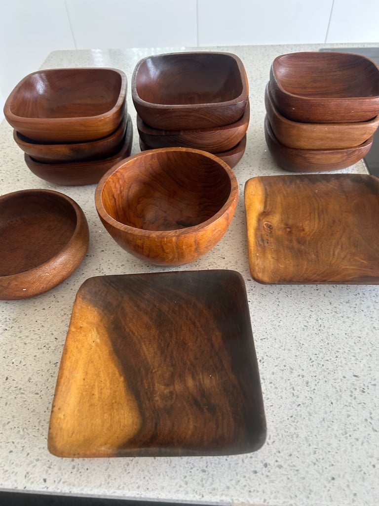 image for 13 Vintage Handcrafted Teak Serving Bowls