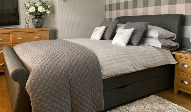 Double grey sleigh bed with storage