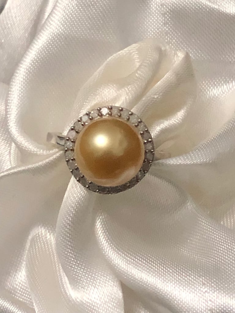 Golden South Sea Pearl Diamond ring Size N silver 925 platinum overlay New