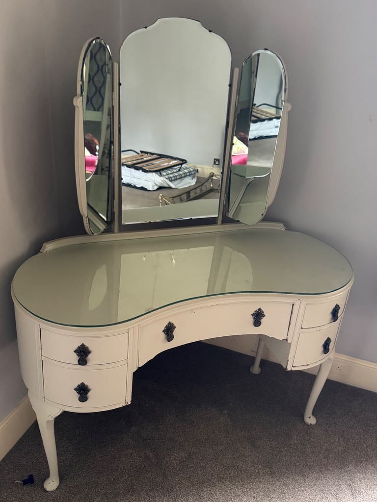 image for Shabby chic kidney shaped dressing table with triple mirror