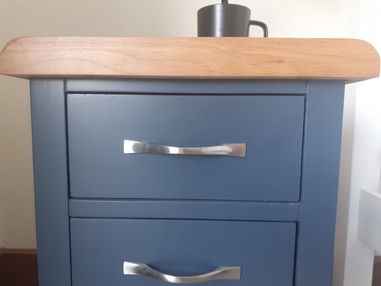Bedside table - blue, 3 drawers, oak