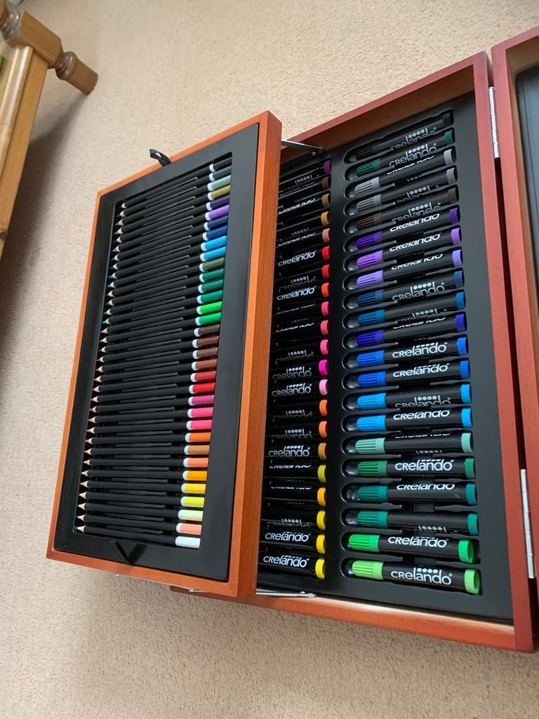Art media case includes paint, pencils pens and pastels