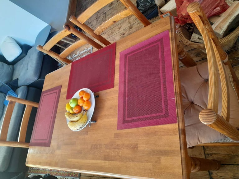 image for Solid dining table and 4 chairs - wood / wicker 